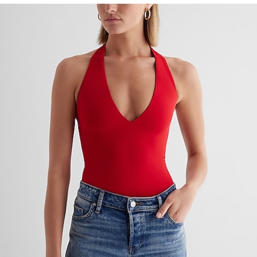 Express Body Contour High Compression Deep V-Neck Halter Bodysuit